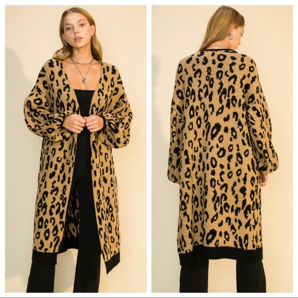 OVERSIZED LEOPARD PRINT LONG CARDIGAN SWEATER STATEMENT SLEEVES - Picture 6 of 16